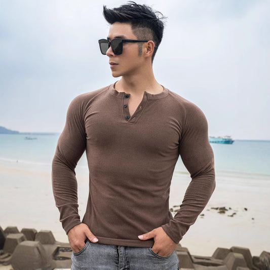 Men's Double-sided Dralon Fitness Sports Slim-fitting Button Long Sleeve